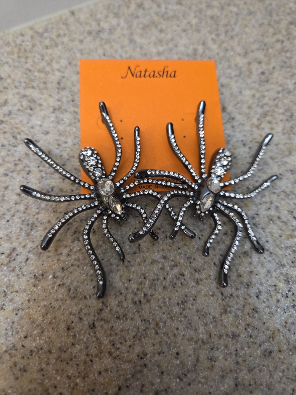 Natasha Couture Black and Clear Crystal Spider Statement Earrings